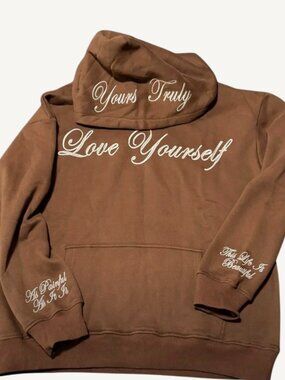 NWT Yours Truly Love Yourself Hoodie Brown Script Mens Medium